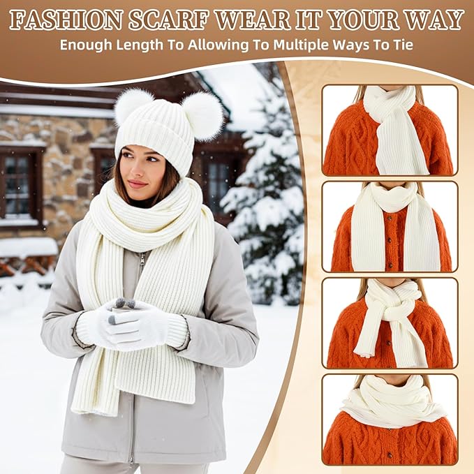 Geyoga 6 Pcs Winter Warm Fleece Knit Hat Long Scarf Touchscreen Gloves Ear Muffs Socks Sets, Winter Warm Gifts for Women