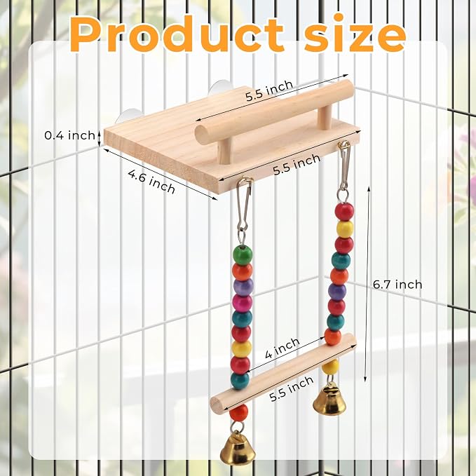 Natural Wood Bird Swing & Perch Platform for Cage | Fits Small Parrots (Budgies, Cockatiels) | Multi-Level Habitat Gym for Swaying & Hopping | Tool-Free Mount