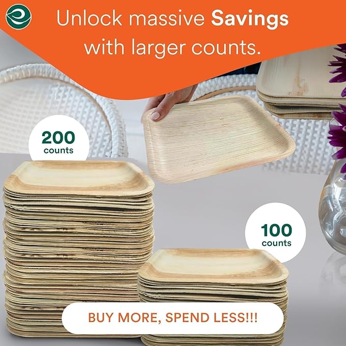 ECO SOUL Compostable 10 Inch Palm Leaf Square Plates (50 Count) Like Bamboo Plates | Biodegradable | Eco-Friendly, Microwave & Oven Safe