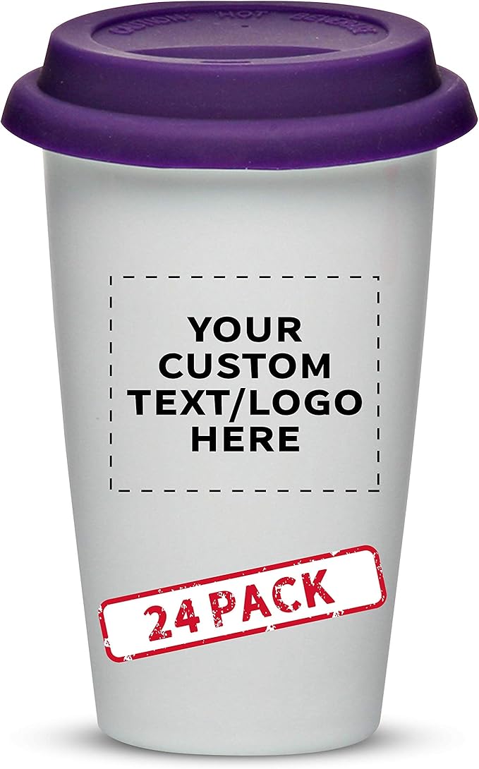 Personalized 11 oz. Double Wall Ceramic Tumblers with Lid - 24 Pack - Custom Text, Logo - Purple