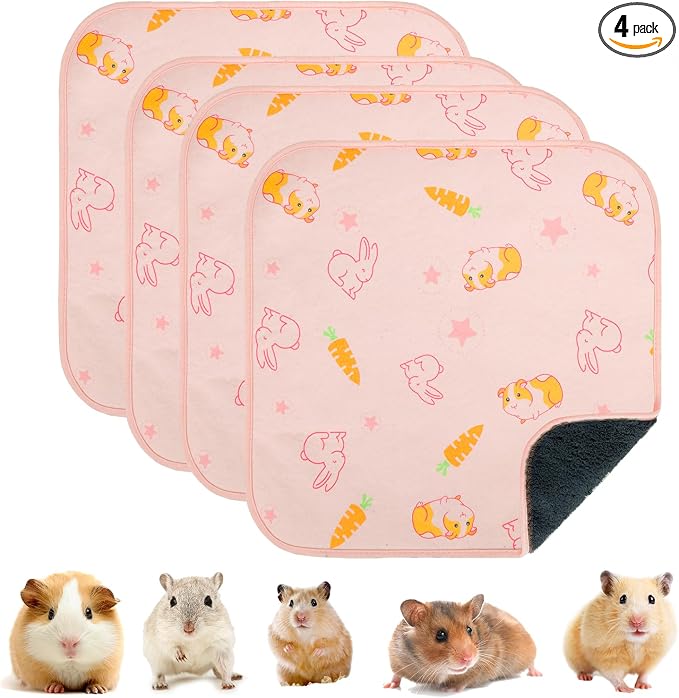 Homimp 4 Pack Guinea Pig Cage Liners, Washable Small Animal Bedding, Waterproof Reusable & Anti Slip Guinea Pig Pee Pad Fast and Super Absorbent Mat for Small Animal Rabbit Bunny Hamster, Pink 12"x12"