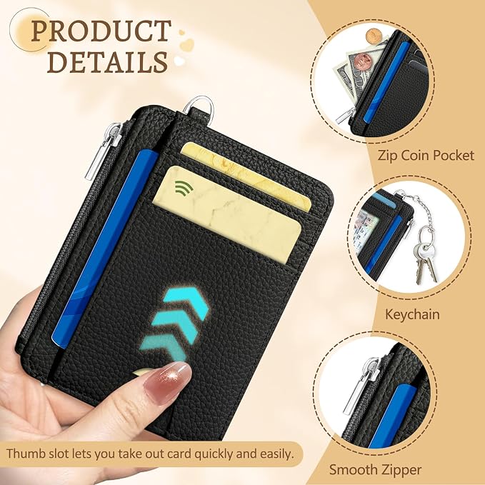 Kelvoris Credit Card Holder Small Wallet Women, Slim RFID, Black | Keychain, Zipper Coin Pocket, Front Pocket Thin Travel Card Case, Minimalist, 6 Card Slots, 1 ID Window, Ladies Gifts Woman