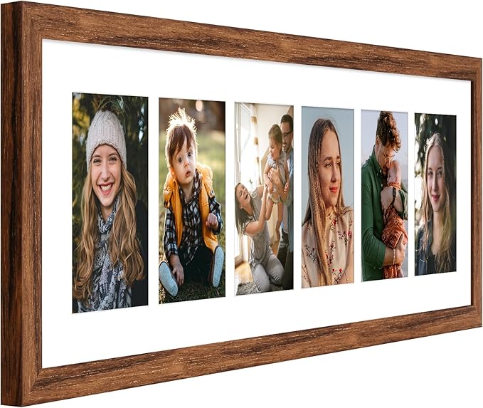 8x26 Collage frame with 6 Openings 4X6 Pictures, Multiple Picture Frame with Mat, Wall or Tabletop Decor, Carbonized Brown Wood Grain (1 Pack)