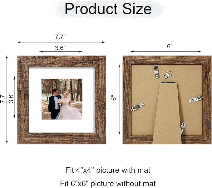 iRahmen 6x6 Picture Frame Set of 4 with Real Glass, Rustic Frames Display 4x4 Picture with Mat or 6 x 6 Without Mat, Wood Square Photo Frame for Wall Mount and Tabletop Display