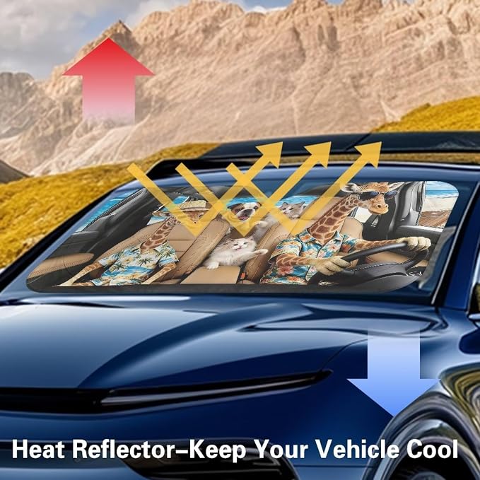 Cute Giraffe Windshield Sun Shade Foldable Hawaiian Vehicle Windshield Protecion for Front Window Reflector Sunshade Offers Protection for Car Interior Universal Fit for Most Cars SUV