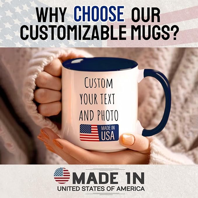 Ship Next Day Custom Mug Design Your Own Photo Text Personalized Picture Gifts for Women Men Customized Gifts Idea Personalized Coffee Mugs 11oz Dark Blue Handle
