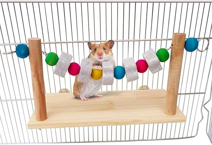 Hamster Wood Ledge Platform with Lava Stone Chew Block, Cage Rest Shelf Climbing Toy for Dwarf Hamsters, Sugar Gliders, Parakeets | Wooden Climb Rest Shelf,Teeth Grinding Toys for Rat Sugar Gliders,Nail Trimming Bird Perch Stand