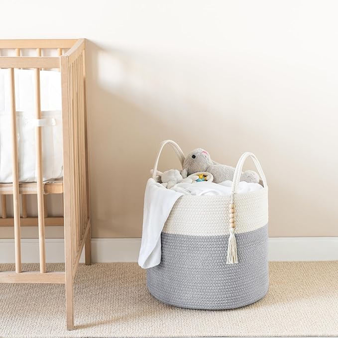 Mkono Woven Storage Basket Decorative Rope Basket Wooden Bead Decoration for Blankets,Toys,Clothes,PlantOrganizer Bin with Handles Living Room Home Decor, Grey and White, 16" W × 13.8" L