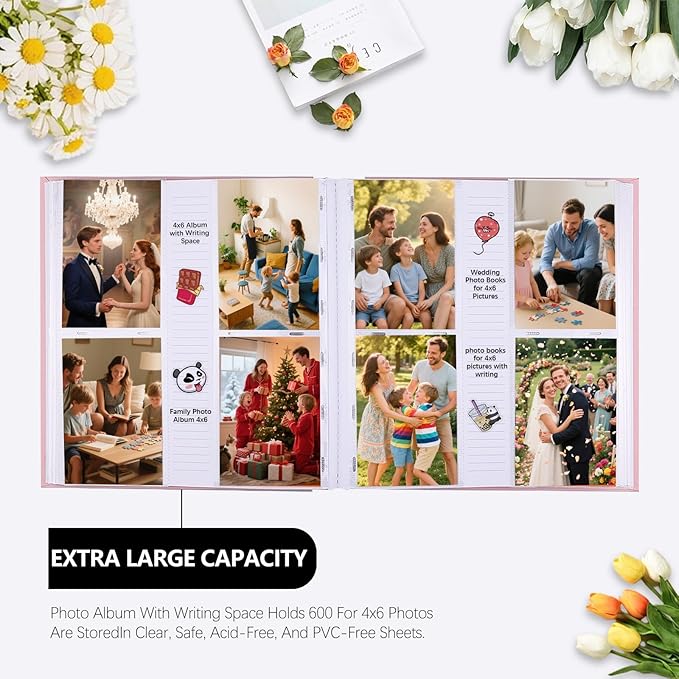 Photo Album 4x6 600 Photos with Writing Space Linen Cover with Front Window Picture Album, 600 Photos 4x6 Photo Album Book for Wedding Kids Travel Family Baby Pictures (Pink)