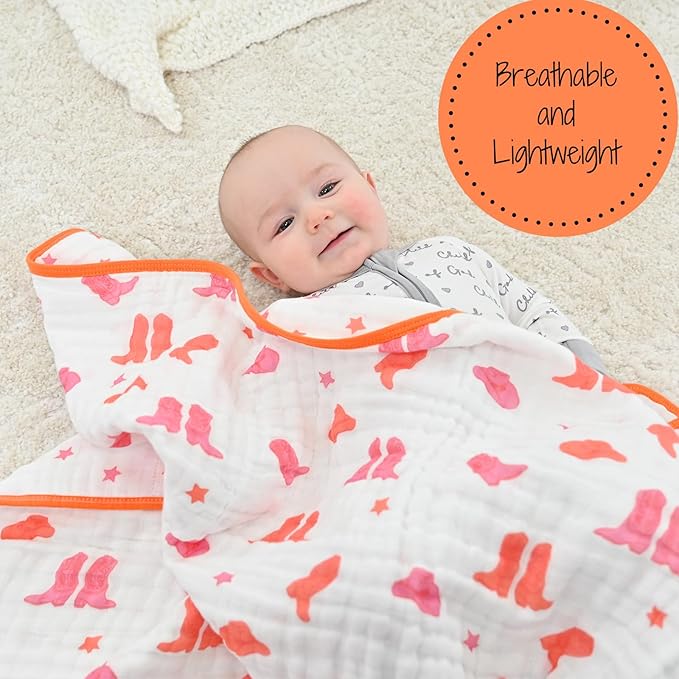 LollyBanks Muslin Baby Blanket 100% Organic Cotton, Muslin Quilt Lightweight, Western Girl Muslin Blanket, 6 Layers Baby Blankets 47"x 47", Soft Nursery Receiving Blankets (Pink Boot)