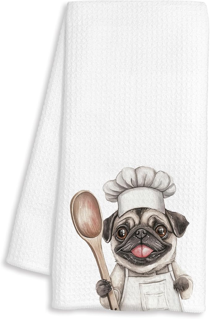 Funny Pug Chef Kitchen Towels, Gifts for Pug Lovers, Chef Gifts for Women Men, Funny Dog Decorative Dish Hand Tea Towels for Kitchen Bakery, 16x24 Inch