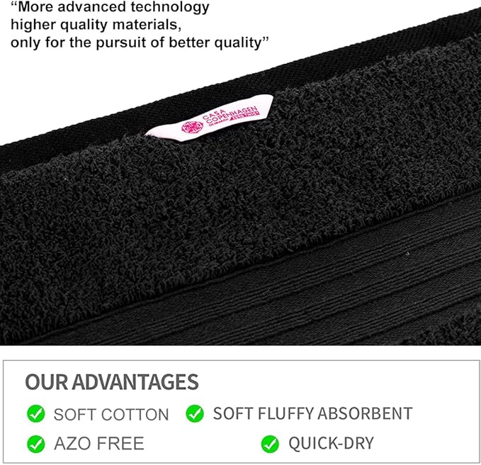 CASA COPENHAGEN Zero Twist, 6 Pieces Set 100% Cotton 0" Twist Towel Set- Black, 600 GSM, 2 Bath, 2 Hand, 2 Washcloths Made from Egyptian Cotton, Ultra Soft Luxury Towels for Bathroom.