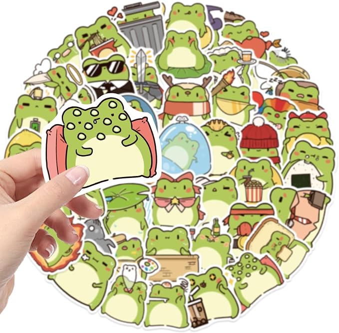 50Pcs Frog Stickers for Kids Teens Adults, Vinyl Cartoon Animals Decals Kawaii Sticker for Decor Water Bottles Laptops Guitar Scrapbook (Frog)
