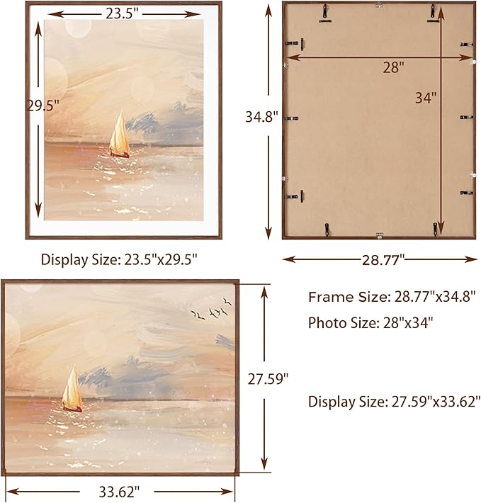 28x34 Poster Frame, 28"x34" Oak Wood Frame, 28 x 34 Picture Frames for Wall, Wood Frames 28 x 34 with Tempered Real Glass, 28x34 Frame with Mat for 24x30 Picture(Walnut Color, 1 Pack)