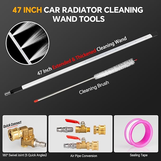 Upgraded 47" Radiator Pressure Washer Cleaning Wand: Thickened Heavy Duty 4500PSI Radiator Power Washer Tool w/ 7 Nozzles, Cleaning Brush, Portable Water/Air Flush Radiator Cleaner Wand for Truck Car