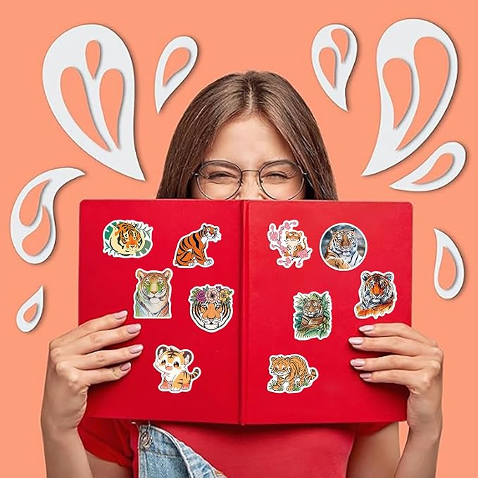 50Pcs Tiger Sticker, Cute Tigers Stickers for Kids Teens Adults, Vinyl Cartoon Animals Decals Kawaii Sticker for Decor Water Bottles Laptops Guitar Scrapbook
