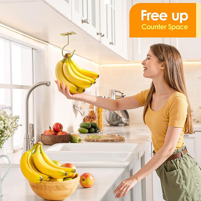 2PCS Self Adhesive Banana Hook Under Cabinet Foldable Banana Hanger Metal Under Counter Banana Hook to Keep Bananas Fresh Banana Holder for Kitchen RV Space Saving, Golden