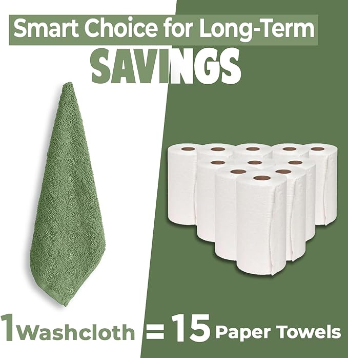 DAN RIVER 100% Cotton Wash Cloths 24 Pack [12x12] Soft & Absorbent washcloths for Showering, Gym, Hotels & Spa Perfect for Everyday Use Fingertip Towels, Sage Green