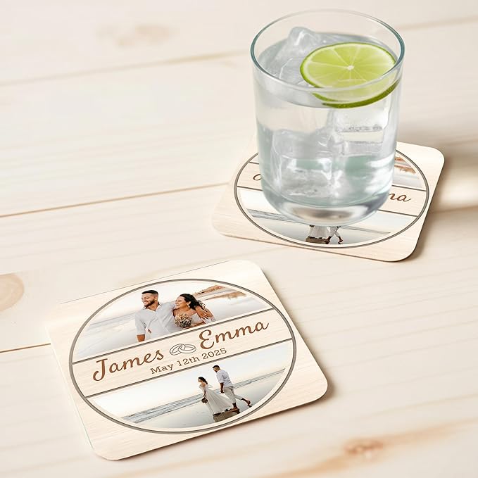 40 Pack Personalized Wedding Coasters, Custom Cardboard Coasters for Drinks with Photo Print and Text, Keepsake Wedding Favors and Gifts for Couples, 4x4 Square, Design 5