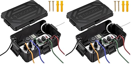 TICONN Outdoor Electrical Box, IP54 Splash-Proof Outdoor Extension Cord Cover, Protects Power Strip, Plug, Socket, Timer, Holiday Lights (Black, Large) (Pack of 2)
