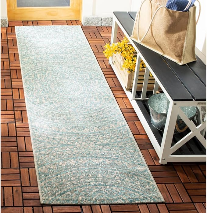 SAFAVIEH Washable Rug Outdoor Courtyard Collection - 2'3" x 10' Runner, Light Grey & Aqua Blue, Non-Shedding & Easy Cleaning, Ideal for Patio, Entryway, Mudroom, Hallway, Kitchen (CY8734-37112)