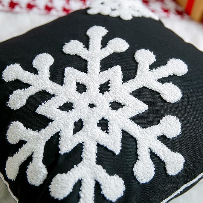 Elife Soft Square Christmas Snowflake Home Decorative Canvas Cotton Embroidery Throw Pillow Covers 18x18 Cushion Covers Pillowcases for Sofa Bed Chair (1 Pair, Black)