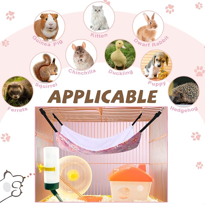 Geelin 4 Pcs Cat Hammock Hanging for Cage Bed, Paw, 16 x 20 Inch | Reversible Soft Pet Sleeping Hammocks with Adjustable Strap, Metal Hook, for Cat, Ferret, Puppy, Rabbit, Kitten, Small Animal