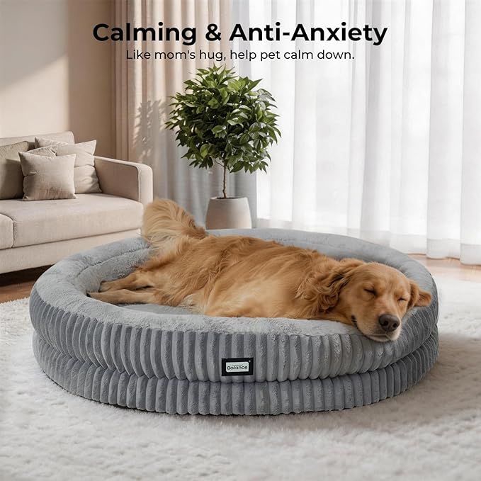 BALANCE Donut Dog Bed, 43 Inches Round Dog Bed Extra Large Size Dogs Washable, Orthopedic Calming Dogs Beds for Kitten, Fluffy Plush Faux Fur Pet Bed with Anti-Slip Bottom