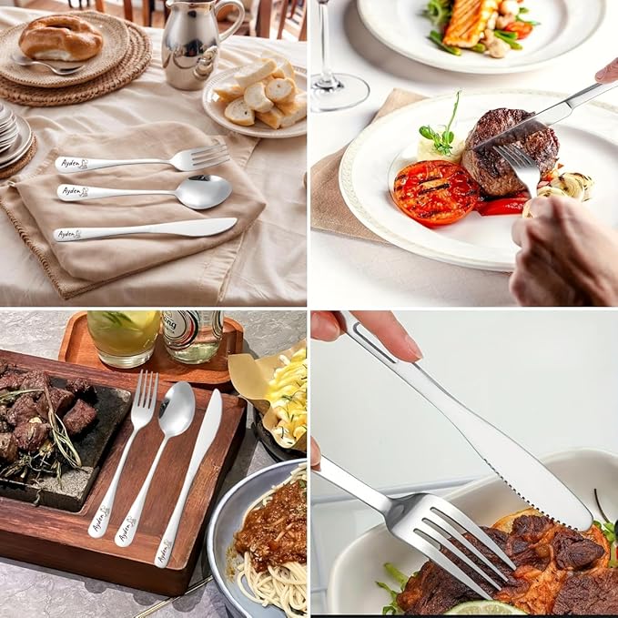 personalized travel Utensils Set with Case, Portable Silverware Set for Work, laser engraving Custom Name and patterns,Stainless Steel Reusable Travel Cutlery Set, Fork and Spoon Set for Camping