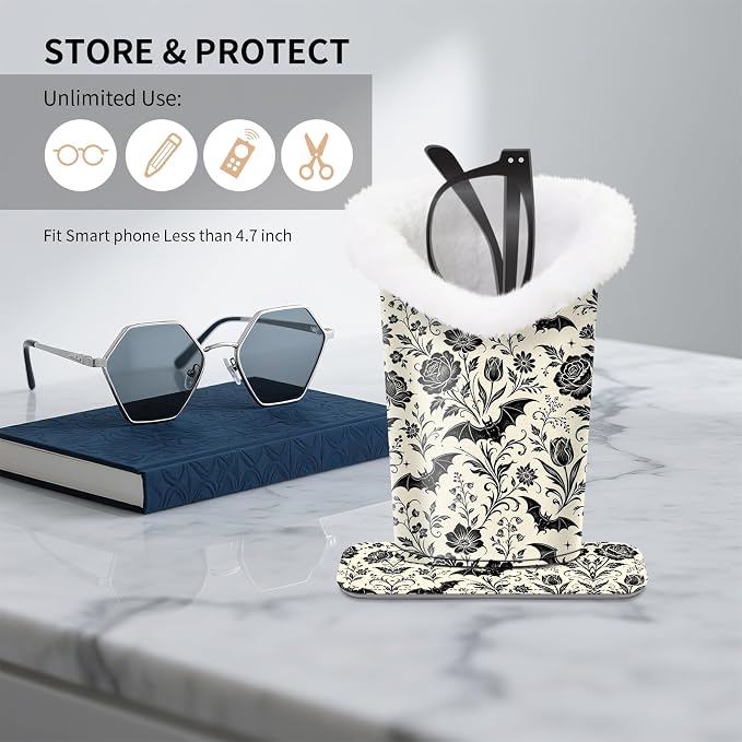 Plush Lined Eyeglasses Holder, Cute Magnetic PU Leather Glasses Stand Case for Women Men Kids