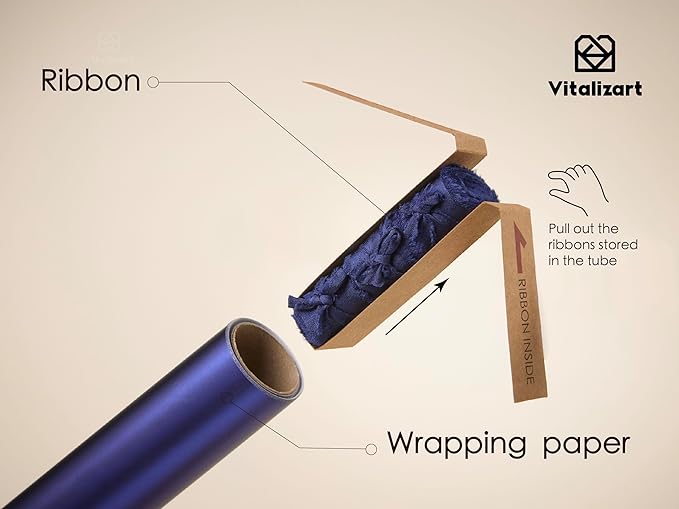 Vitalizart Blue Matte Metallic Wrapping Paper Set 17" With Silk Satin Ribbon & Gift Tags Christmas Gift Wrapping Birthday Baby Shower Wedding Bouquets Handmade Crafts 197"(16.4 Ft) Blue Ribbon