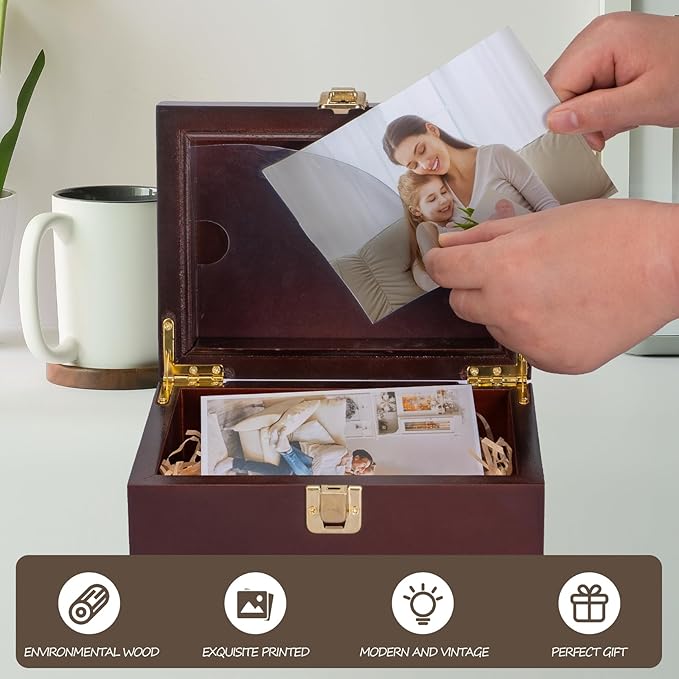 Small Wooden Memory Keepsake Boxes With Hinged Lids and a photo frame inside the lid - Decorative Storage Box With a Hinge Lids For Picture Letter Time Capsule - Wooden Gift Boxes，3.1“*5.1”*7.1“
