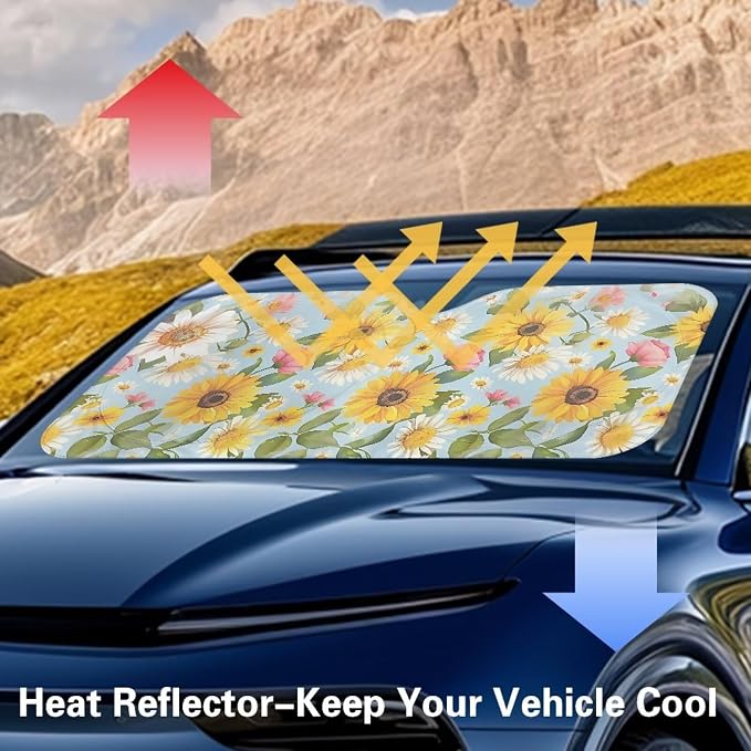 Sunflower Daisy Car Sun Shade Blocks UV Rays Lightweight Front Windshield Sun Visor Protector Fashion Car Accessories for Most Car SUV Trucks