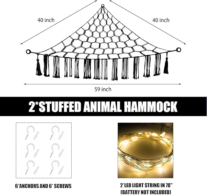CERETIA Stuffed Animal Hammock with LED Light, Large Stuffed Animals Storage Corner Plushie Net for Kids Room Decor, 2 Packs Black