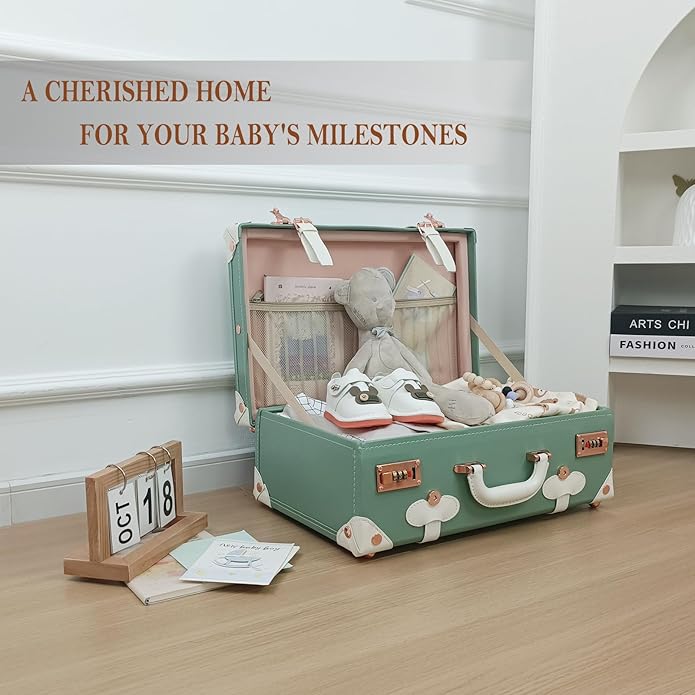 Unitravel Baby Keepsake Case, Handmade Memory Storage Box, Newborn Keepsake Box, Vintage Suitcase for Baby Shower, Baptism, Naming Ceremony or Birthday