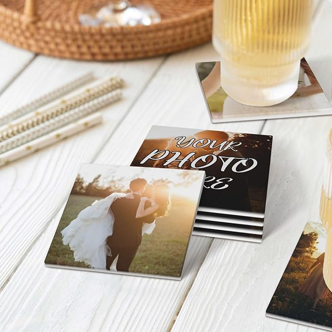Custom Ceramic Coasters, Personalized Coasters with Photo Logo Text, Customized Cup Mat for Weddings, Bars, Coffee Table, Homes, Offices 4PCS