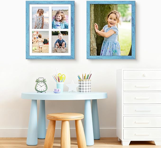 12x16 Picture Frame 5x7 Collage Picture Frame Displays Four 5x7 inch Photos or 12x16 (Without Mat) for Available Horizontal Wall Mounting Display and Vertical Blue