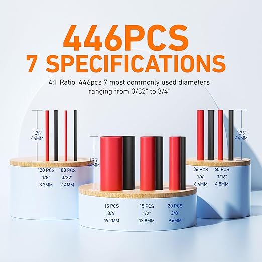 TKDMR 446 Pcs Heat Shrink Tubing Kit - 4:1 Ratio Adhesive Lined, Marine Grade Shrink Wrap - Industrial Heat Shrink Tubing,Red and Black