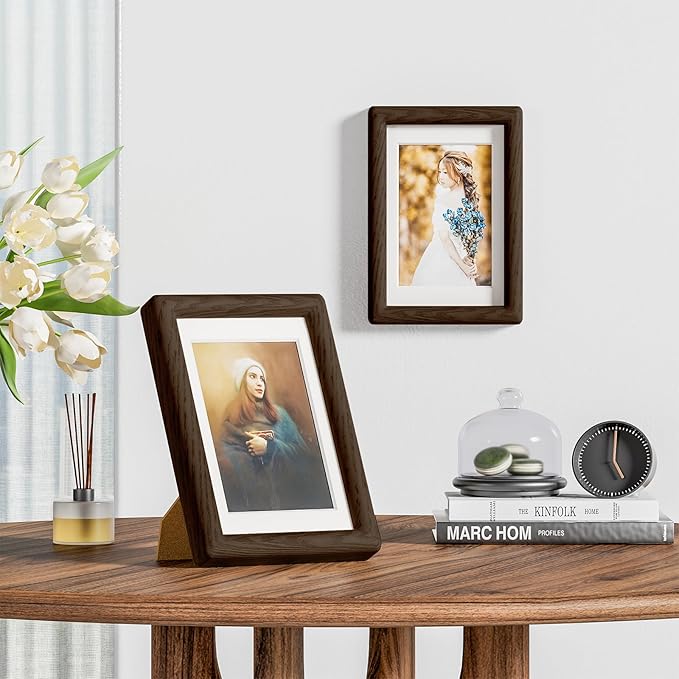 5x7 Picture Frame Natural Oak Wood From California-USA Walnut Color Finished with Real Tempered Glass, Handcrafted 5 x 7 Photo Frame Matted to 4x6 Wedding,Family,Graduation Picture on Table & Wall