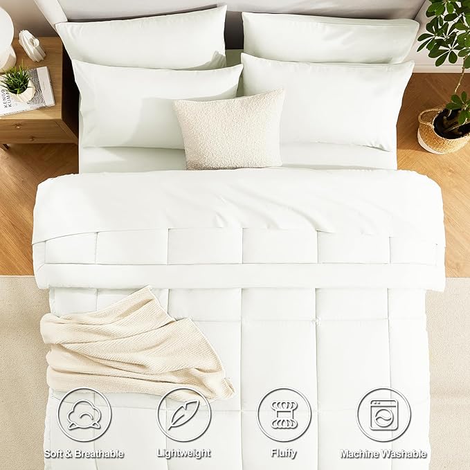 CozyLux Full Size Comforter Set Ivory - 7 Pieces Bed in a Bag, Cream Off White Comforter Full Size, Bedding Sets with All Season Quilted Comforter, Flat Sheet, Fitted Sheet, Pillowcases