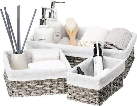 FairyHaus Wicker Baskets for Organizing 3 Pack, Waterproof Small Wicker Storage Basket for Shelves Rectangle, Nesting Lined Grey Plastic Woven Basket