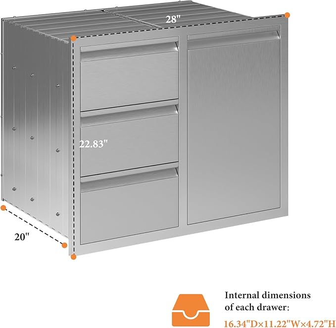 Jocisland 28" W×20" D×23" H Stainless Steel Outdoor Kitchen Drawers, Single Trash Drawer with Door & 3-Drawer Cabinet, Built-in BBQ Island Storage for Outdoor Kitchens