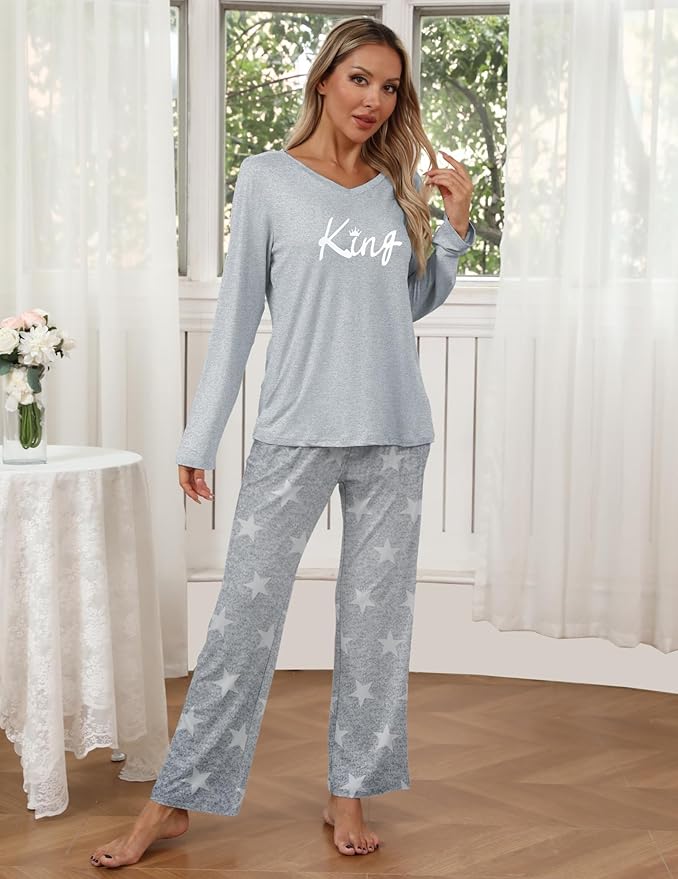 Ekouaer Womens 2 Pack Pajama Set Long Sleeve Pajamas Top and Pants V Neck Pjs Set Soft Loungewear with Pockets