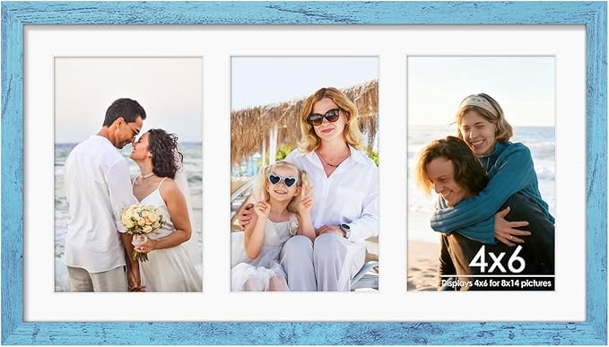 8x14 Collage Picture Frame 4x6 Collage Picture Frame Displays Three 4x6 inch Photos or 8x14 (Without Mat) for Available Horizontal Wall Mounting Display and Vertical Blue
