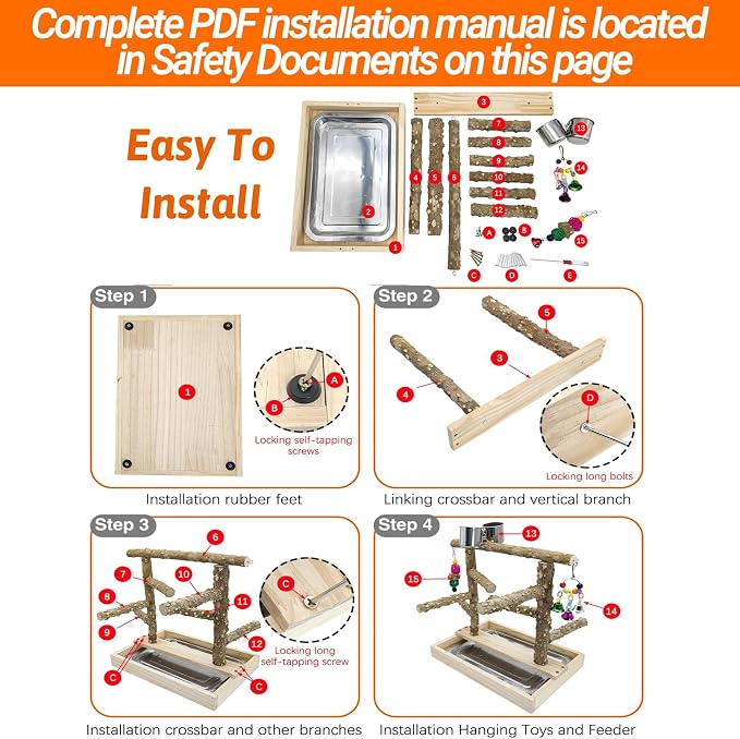 BNOSDM Natural Wood Bird Playground for Training & Playing, Parrot Perch Stand Jungle Gym with Detachable Tray & Stainless Feeder Cups Parakeet Cage Playstand for Budgie, Cockatiel, African Grey