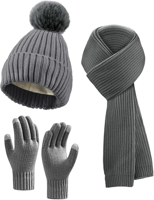 Winter Beanie Hat Scarf Gloves Set for Women, Fleece Knit Pompom Beanie Neck Warmer Long Scarf Touchscreen Gloves 3 in 1 Set