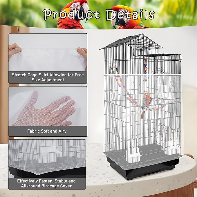 Bird Cage Seed Catcher – Stretchy Mesh Skirt for Parrot Cages, White | Fits most bird cages, stops seed scatter. Breathable, lightweight, reusable. Easy install, washable. Keeps floor clean.