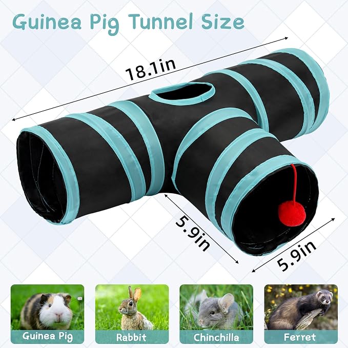 Rypet Guinea Pig Tunnel Hideout 3-Way Collapsible Pet Tubes, Blue Black | 3 Way Design for Exploration, Collapsible for Easy Storage, Built-in Play Ball, Hiding & Resting for Hamsters Ferrets