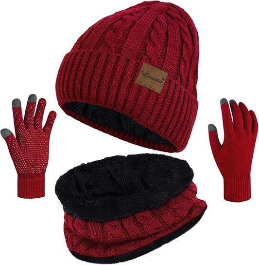 Loritta 3 Pieces Winter Hats for Women Scarf Touch Screen Gloves Set Thick Warm Fleece Lined Beanie Hat Gifts
