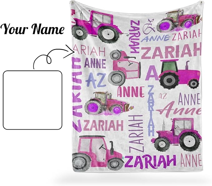 Personalized Tractors Blanket - Custom Name with Farm Tractor Trucks Design - Soft Plush Flannel Bed Blanket for Baby Kid Teen Boys Girls Customized Gifts White & Purple
